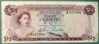 The Bahamas Government 1/2 Dollar 50 Cents Note From 1965,  P 17 A,  2 Signatures