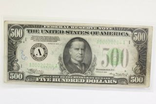 1934 $500 Federal Reserve Note A Boston Mass Low Serial A000202004a