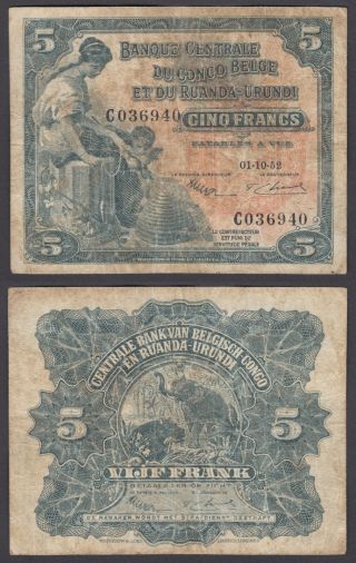 Belgian Congo 5 Francs 1952 (f) Banknote P - 21