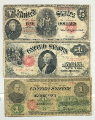 Set Of $1 Series 1862,  $5 1907 Woodchopper And A $1 1917 United States Notes