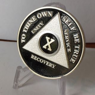 Black & Silver Plated Ten Year Aa Chip Alcoholics Anonymous Medallion Coin 10