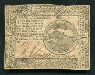 Cc - 57 February 26,  1777 $4 Four Dollars Continental Currency Note Xf