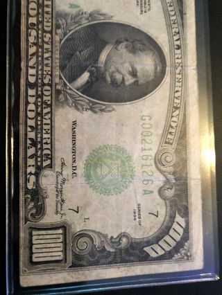 1934 $1000 G Chicago Federal Reserve Note,  Serial G00216126A.  Torn & Taped 2
