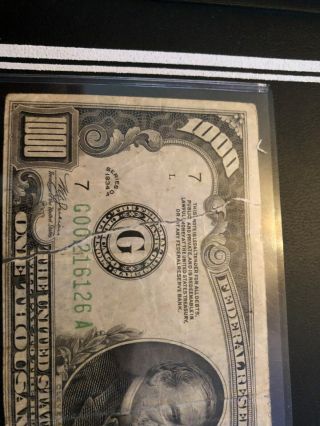 1934 $1000 G Chicago Federal Reserve Note,  Serial G00216126A.  Torn & Taped 3