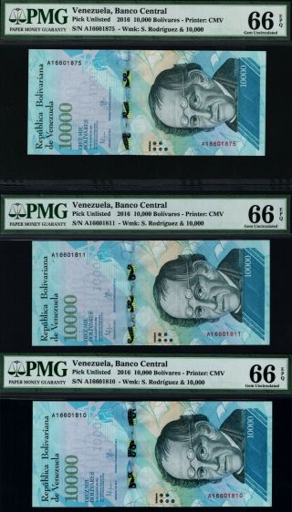 Tt Pk Unl 2016 Venezuela 10000 Bolivares " Rodriguez " Pmg 66 Epq Gem Set Of Three