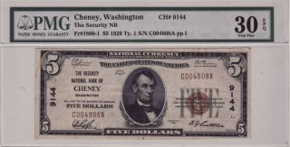 1929 $5 Bill National Currency Cheney,  Wa Pmg 30 Very Fine S/n C004808a Ch 9144