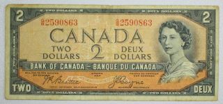 {do329c} 1954 Bank Of Canada $2 Devils Face Banknote Vg