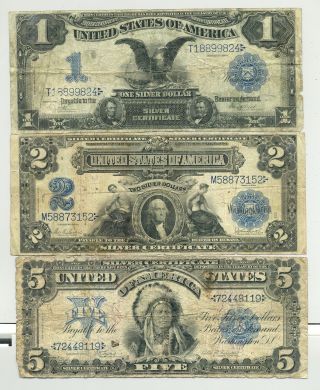 Set Of Series 1899 $1 Black Eagle,  $2 And $5 Chief Onepapa Silver Certificates