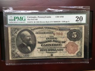 $5 Carnegie,  Penn 1882 Brown Back The First National Bank Note Pmg 20 Very Fine