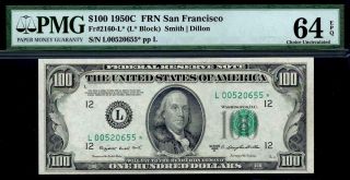 1950c $100 Federal Reserve Star Note San Francisco Frn Pmg 64 Epq 2160 - L