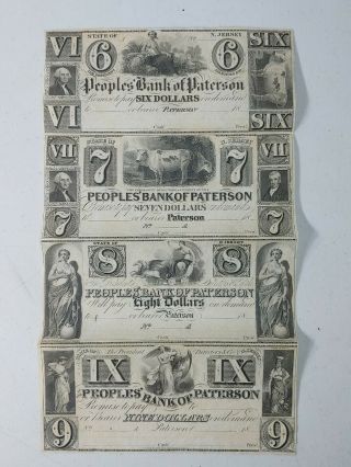 1800s Confederate Peoples Bank Of Paterson Jersey 6 - 7 - 8 - 9 Uncut Sheet