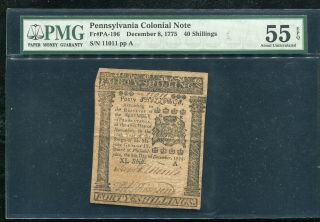 Pa - 196 December 8,  1775 40s Fourty Shillings Pennsylvania Colonial Pmg Au - 55epq
