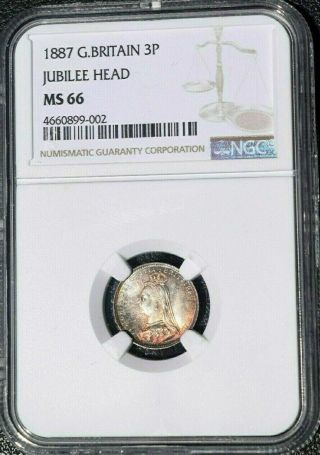 1887 Great Britain 3 Pence,  Ngc Ms 66,  Jubilee Head,  Example,  Threepence