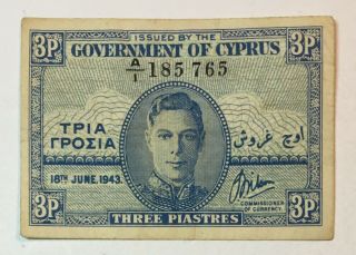 3 Piastres 1943 Cyprus Banknote George Vi,  Old Money Rare,  No - 1221