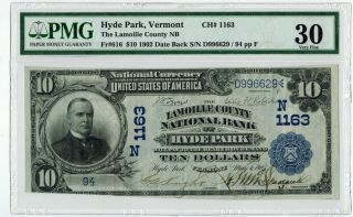 1902 $10 Hyde Park Vermont Lamoille County National Bank Date Back Pmg30