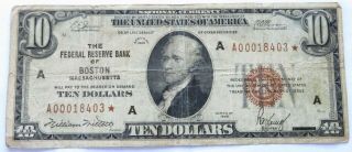 1929 $10 National Currency Star Note,  Federal Reserve Bank Of Boston (031832q)