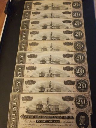 1864 Uncirculated Confederate Currency 20 Dollar Bills Consecutive Serial " S.