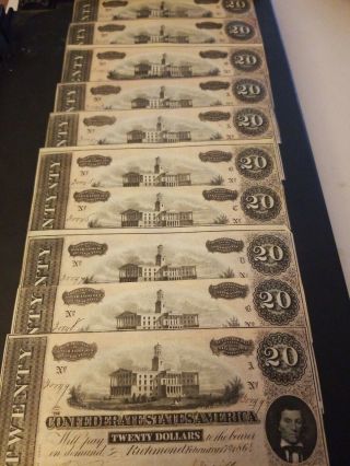 1864 Uncirculated Confederate Currency 20 Dollar Bills Consecutive Serial 