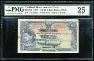 Thailand 1 Baht Nd 1935 - 1938 P 26 Vf Very Fine Pmg 25