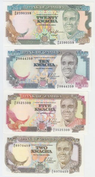 Zambia Banknote P29 - 30 - 31a - 32b,  2 - 5 - 10 - 20 Kwacha,  4 Values,  Unc