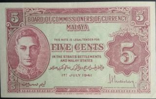 British Malaya 5 Cents 1941 P 7 King George Kgvi Crisp Ef