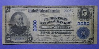 1902 $5 Plain Back Note Factory Point National Bank Manchester Center Vermont Vg