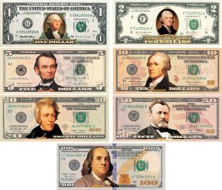 Set Of All 7 Colorized 2 - Sided U.  S.  Bills Currency $1/$2/$5/$10/$20/$50/$100