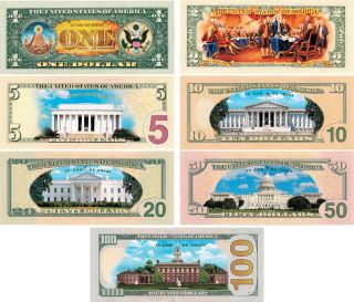 Set of all 7 COLORIZED 2 - SIDED U.  S.  Bills Currency $1/$2/$5/$10/$20/$50/$100 2