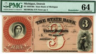 $3 State Bank Of Michigan.  Pmg 64 Choice Uncirculated.  Great Colors.