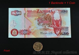 1 Set Of Zambia 50 Kwacha Banknote Paper Money,  50 Ngwee Coin Elephant Unc