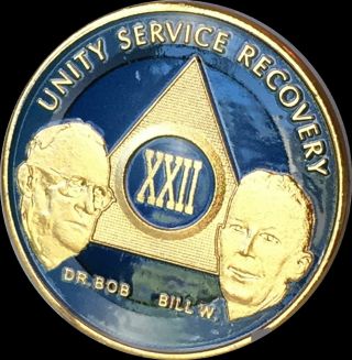 Aa Founders 22 Year Medallion Sobriety Chip Gold & Ocean Breeze Blue Token Coin