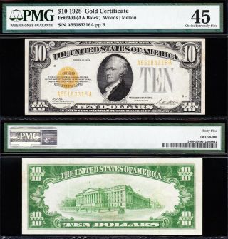 Awesome 1928 $10 Gold Certificate Pmg 45 A55183316a