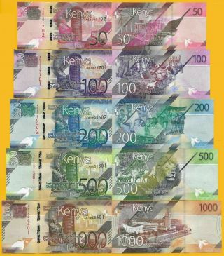 Set Kenya,  50,  100,  200,  500,  1000 Shillings,  2019,  P -,  Unc Design,  Aa - Pref