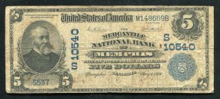 1902 $5 Db Mercantile National Bank Of Memphis,  Tn National Currency Ch.  10540