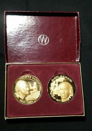 925 Sterling Silver Medal Of Thomas Jefferson & James Madison Set.
