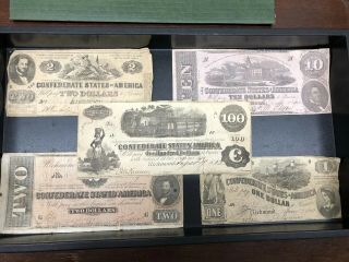 Confederate Currency 100,  2,  2,  10,  1.  Year 1862
