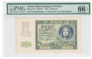 1941 Poland 5 Zlotych Certified Banknote Pmg 66 Gem Unc Epq Uncirculated