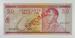 Congo.  Banque Nationale Du Congo 50 Makuta 21.  1.  1970 Scwpm 11s1 Specimen Au Tdlr