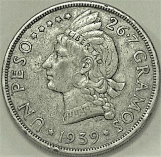 Dominican Republic 1939 1 Peso Silver Crown - - - - Reasonably Priced Key Date - - - -