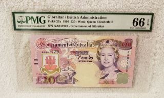 1995 Gibraltar/british Administration Pick 27a 20 Pounds Sterling Pmg 66 Epq