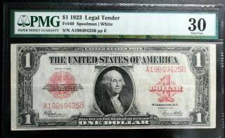 Fr 40 1923 $1 Red Seal Legal Tender Pmg 30 Very Fine