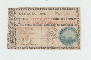 1777 Georgia Colonial Currency - $5 Five Dollar Note / Border Type D