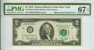 1976 Jefferson $2 Federal Reserve Note - Mismatched Prefix Error - Pmg 67