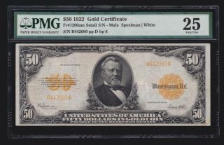 Us 1922 $50 Gold Certificate Mule Fr 1200am Pmg 25 Ch Vf (- 080)