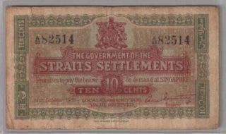 561 - 0002 Straits Settlement | Government,  10 Cents,  1919,  Pick 8b,  F - Vf