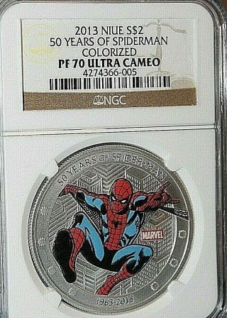 Spiderman Silver 1 Oz Color Coin 50 Year Tin 2013 Pf70 Uc $2 Marvel Comics Rare