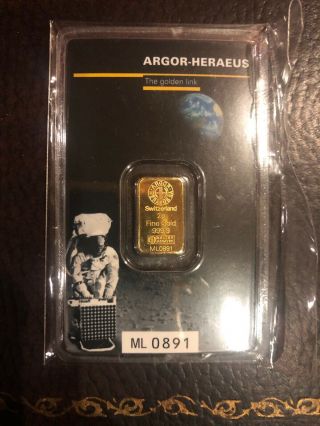2 Gram Gold Bar Argor Heraeus 50th Anniversary Moon Landing 999.  9 Fine In Assay