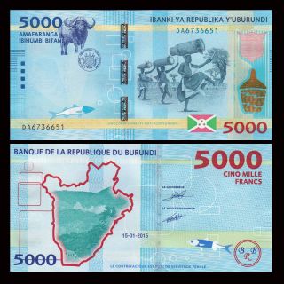 Burundi 5000 5,  000 Francs,  2015,  P - 53,  Unc Design Water Buffalo