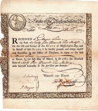 1777,  Revolutionary War State Of Massachusetts Bay Treasury Certificate,  Signed