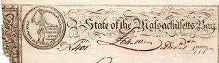 1777,  Revolutionary War State of Massachusetts Bay Treasury Certificate,  signed 2